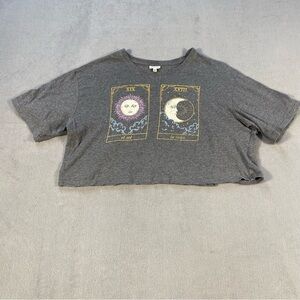 Selfie Women’s Heather Gray Tarot Card Print Crop Tee, Loose Fit, size M